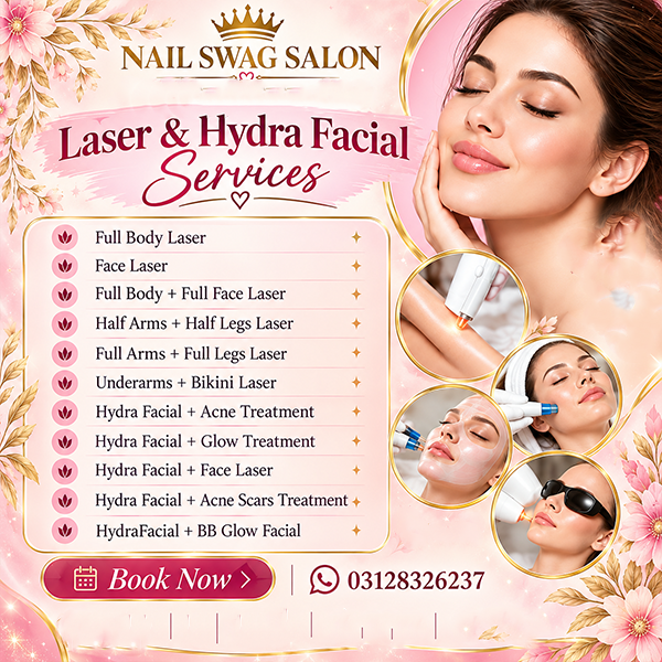 Laser and hydra facial services menu at Nail Swag Salon